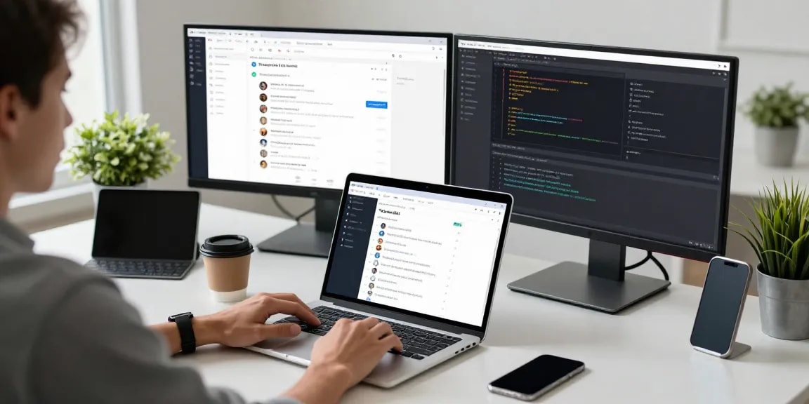 Using Telegram Web Version on a sleek laptop in a modern workspace