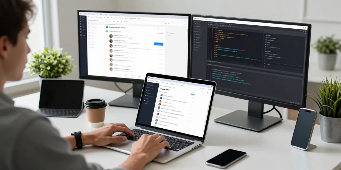 Using Telegram Web Version on a sleek laptop in a modern workspace