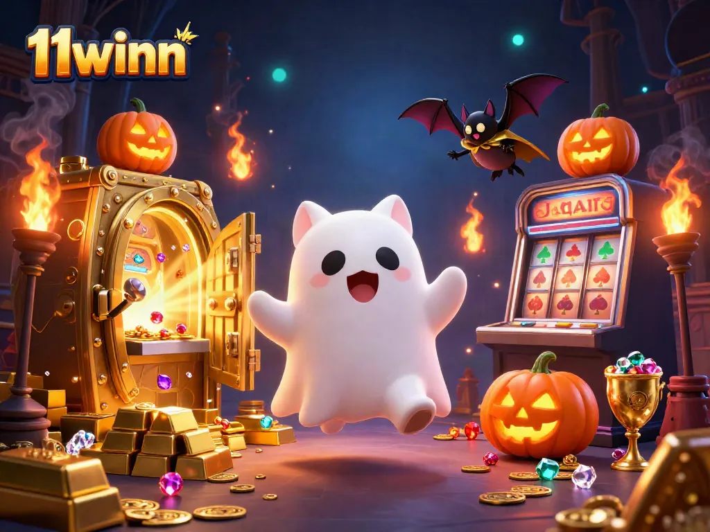 Experience the excitement of 11winn with a friendly ghost cat and glowing jack-o'-lanterns in a haunted casino scene.