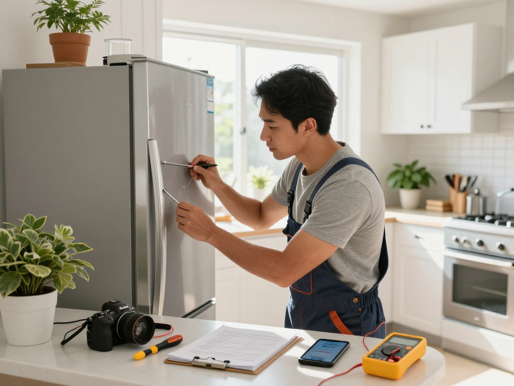 Expert appliance repair Aurora technician fixing a refrigerator in a bright kitchen, showcasing a professional service environment.
