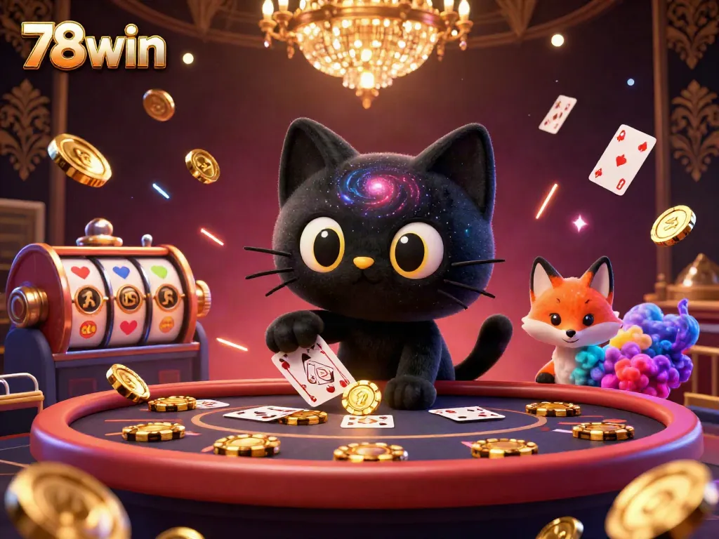 Experience thrilling gameplay at 78win with a cosmic cat attracting casino chips and cards in a vibrant gaming atmosphere.