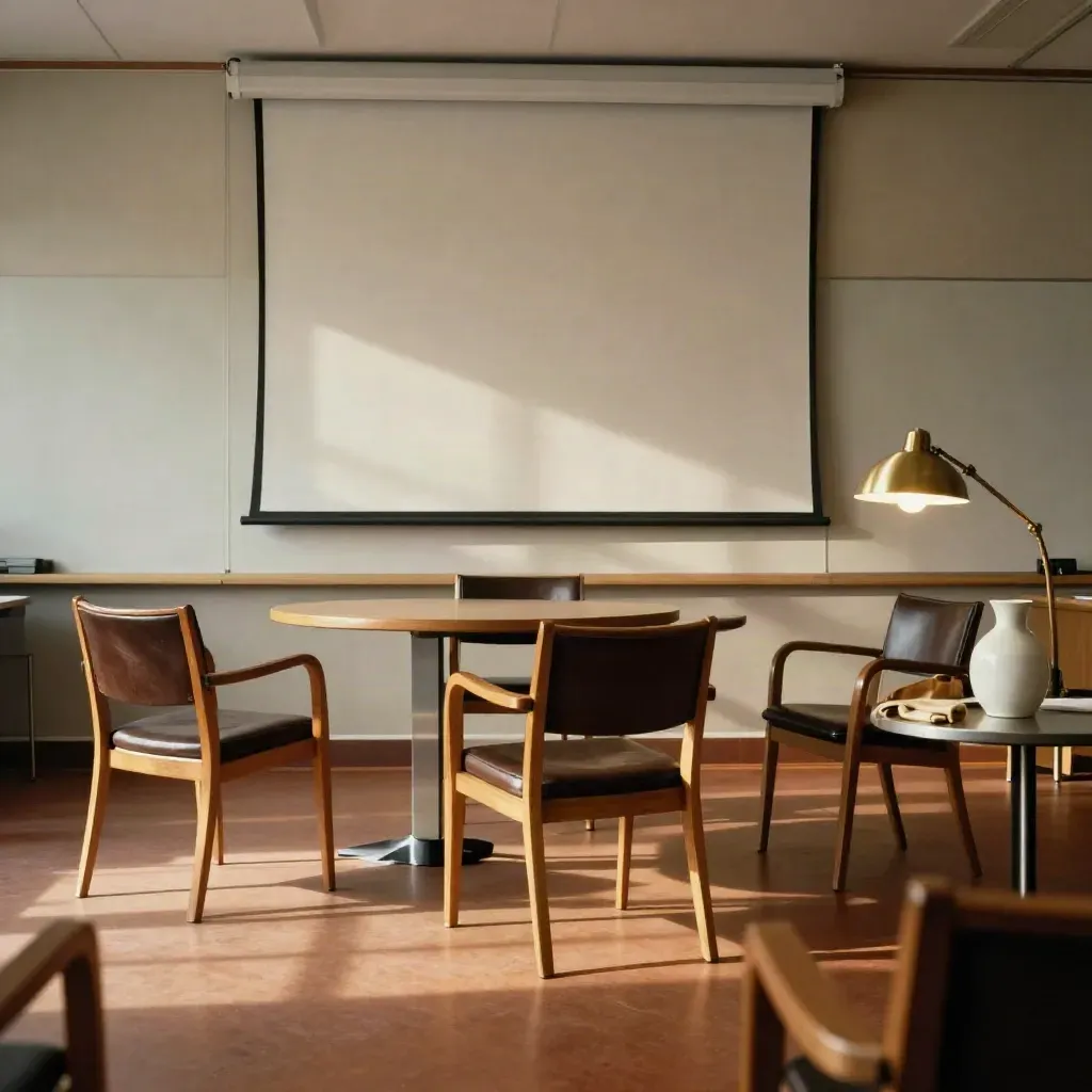 Reset leadership workshop room with three chairs, turned boards and a brass lamp in warm window light.