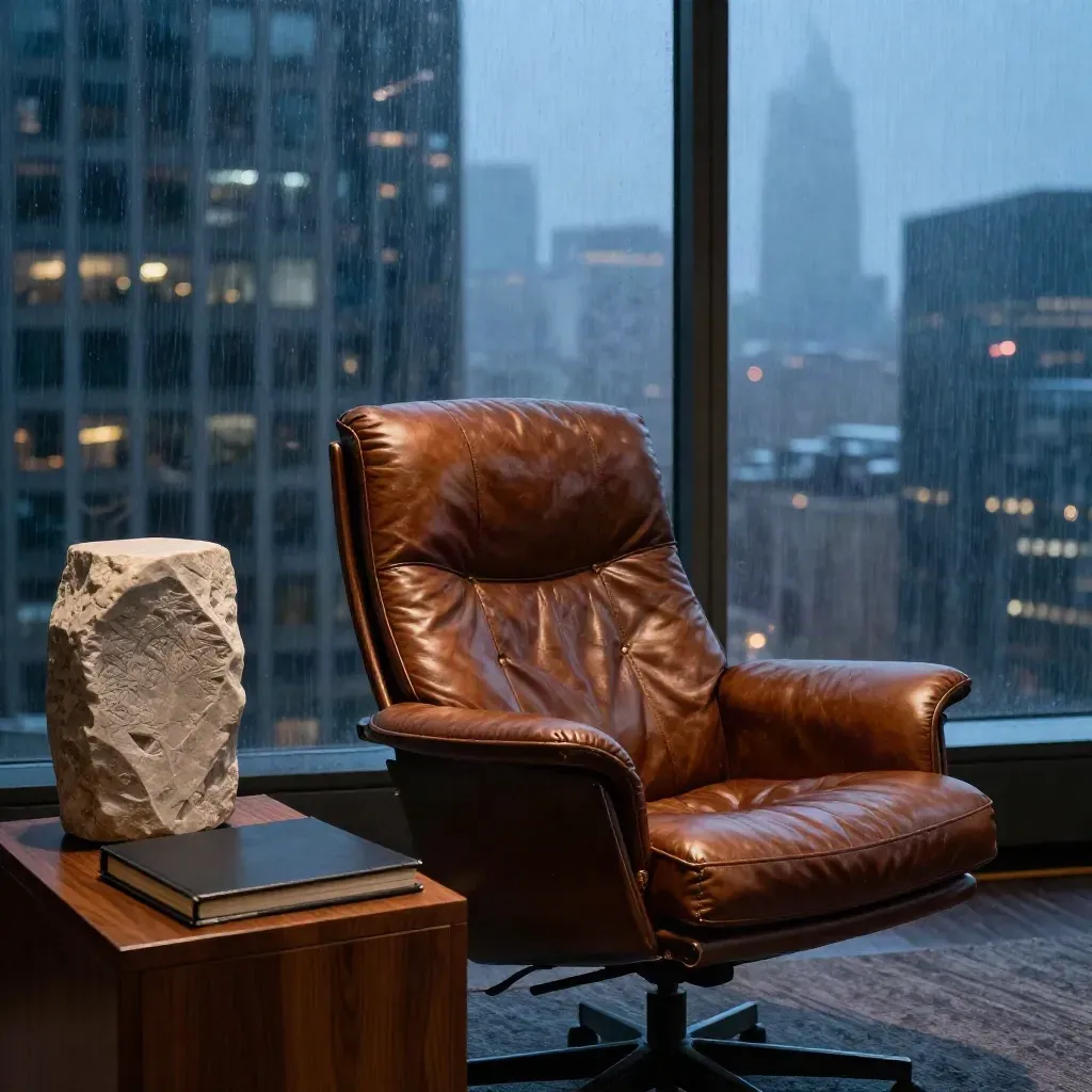 Glass coaching suite with leather chair, walnut table, stone sculpture and rain-soft skyline.