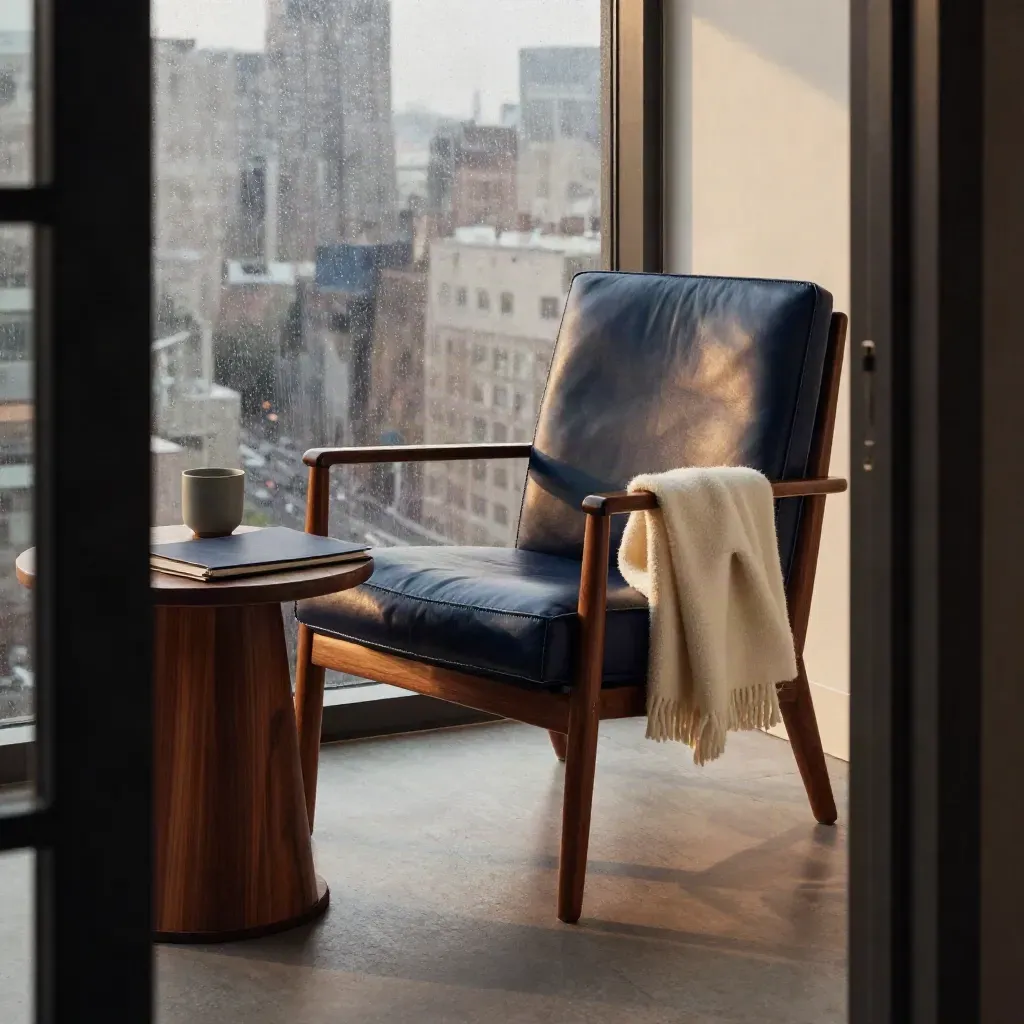 Rainy high-rise coaching corner with a navy leather chair, walnut side table and city haze.