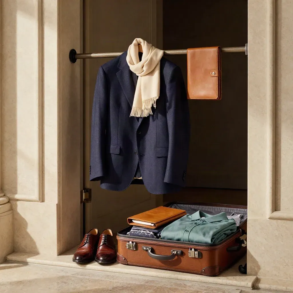 Interview-ready wardrobe rail with blazer, shoes, scarf and suitcase by a dark doorway.
