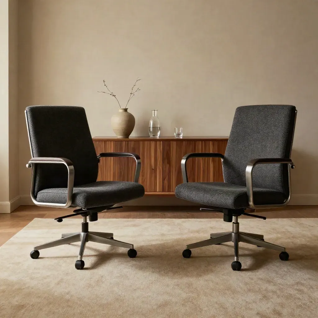 Two empty chairs in a quiet meeting room with a vase and carafe on a sideboard.