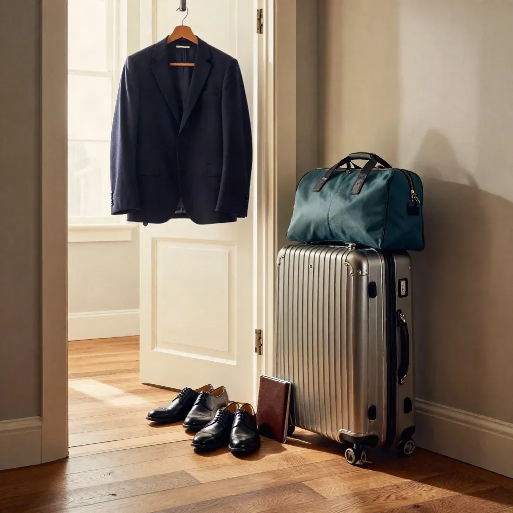 Suitcase, blazer, shoes and portfolio by a bright doorway, ready for a new role.