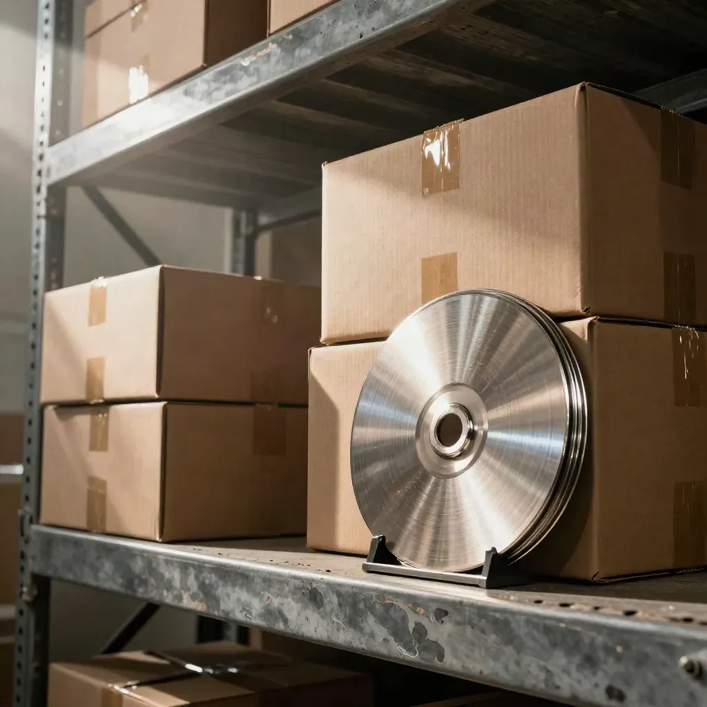 Five sealed boxes, blank award discs, and a chrome token on a warehouse shelf in moody light.