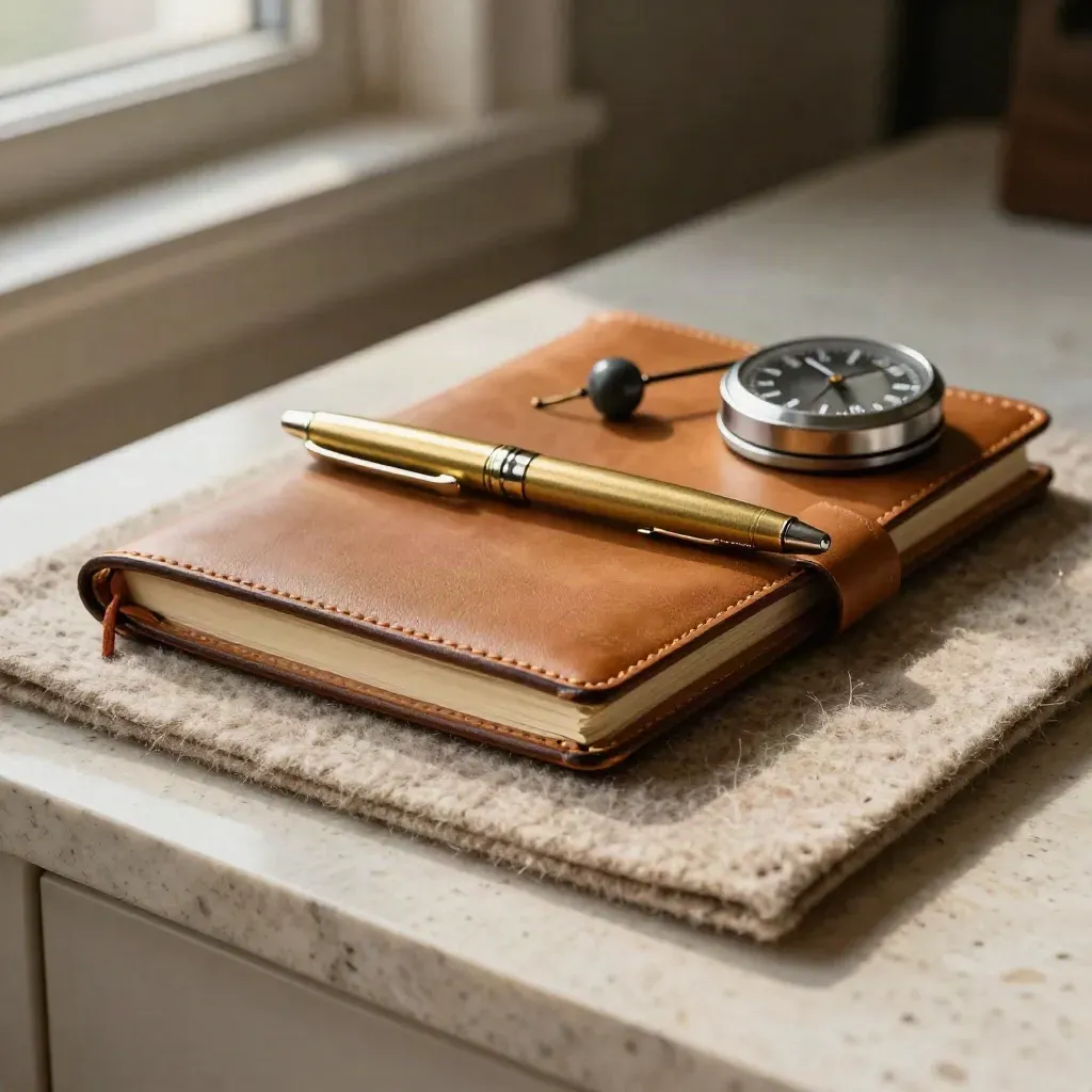 Macro coaching tools on felt mat: leather notebook, brass pen, stone bead and timer.