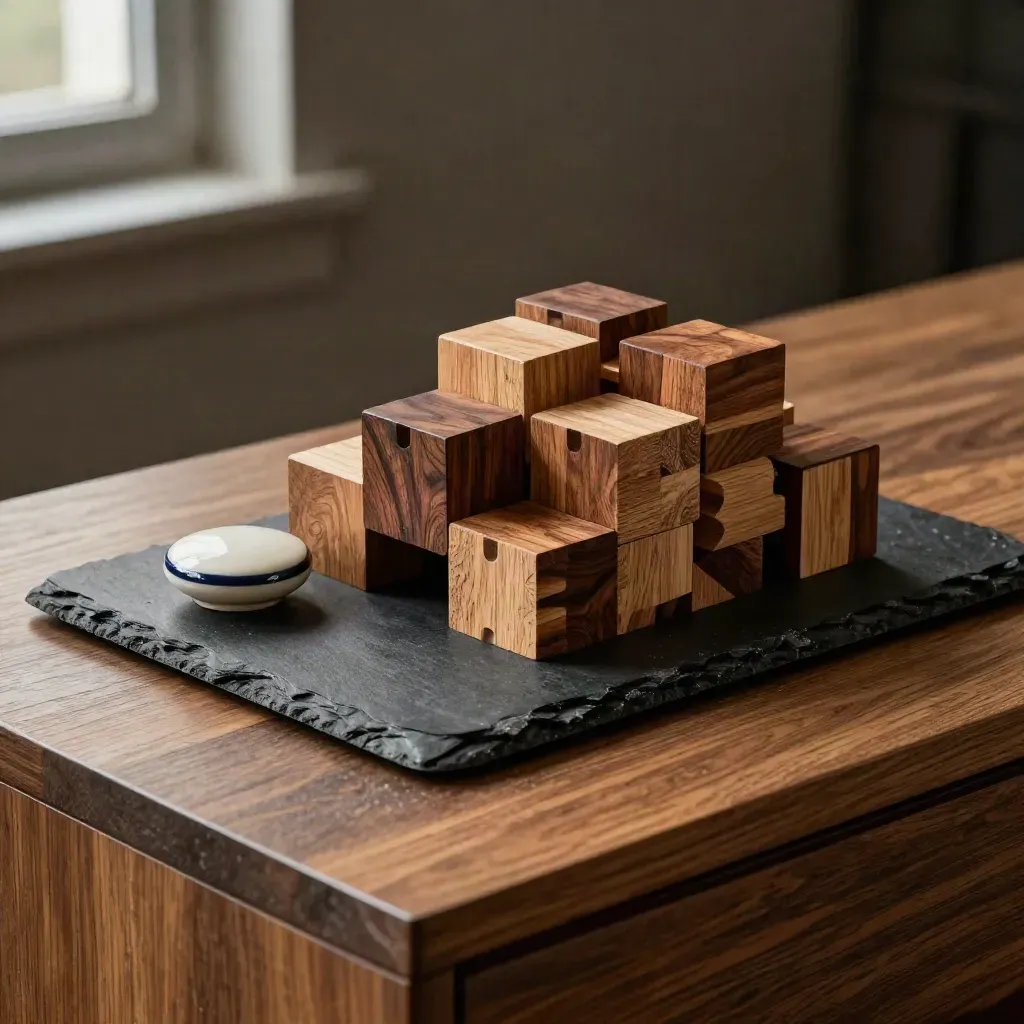 Wooden team blocks, ceramic token, and slate base in dramatic close-up with warm side light.