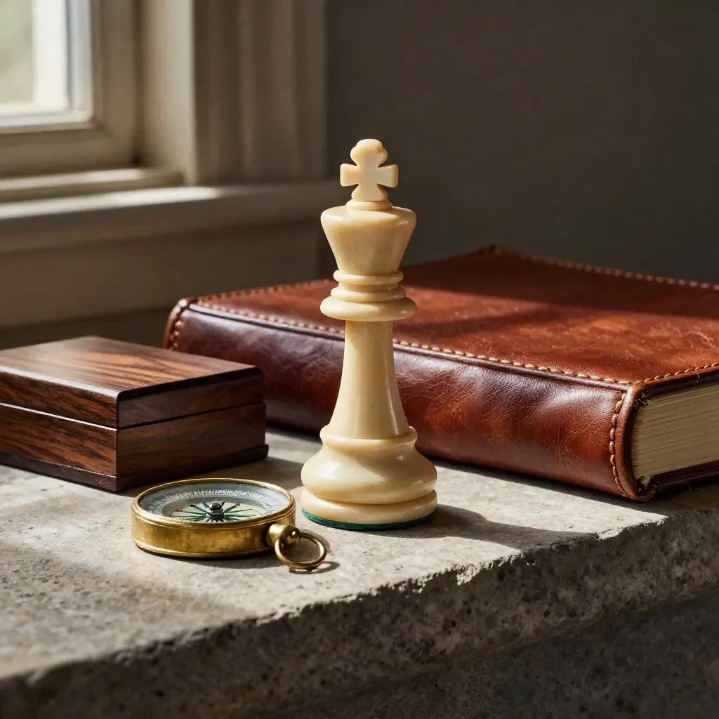 Chess king, brass compass, leather journal, and walnut box on a stone shelf in dramatic side light