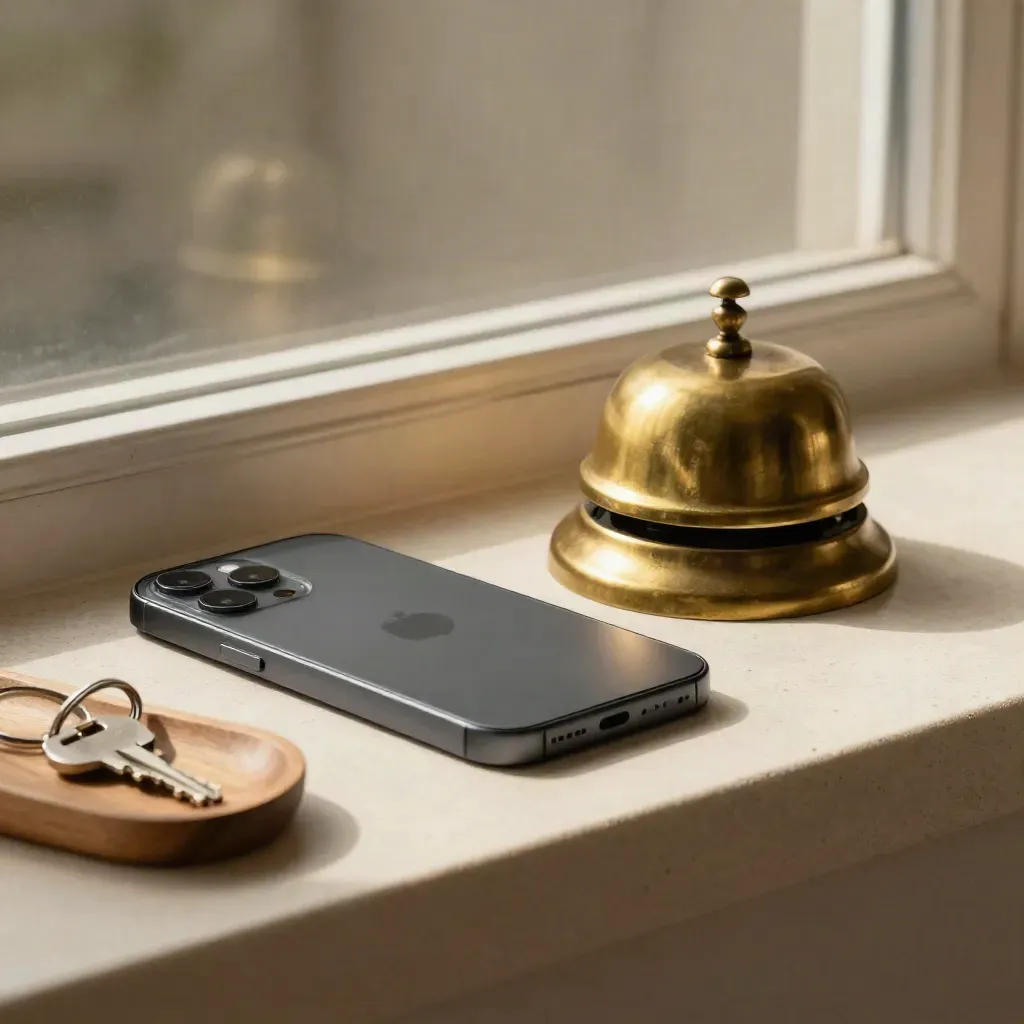 Face-down phone, brass bell, and key tray on a pale shelf in soft side light