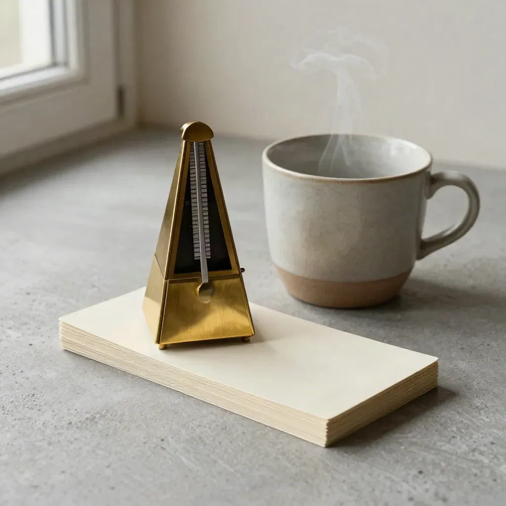 Brass metronome, ceramic cup, and session cards on concrete, lit by soft side daylight.