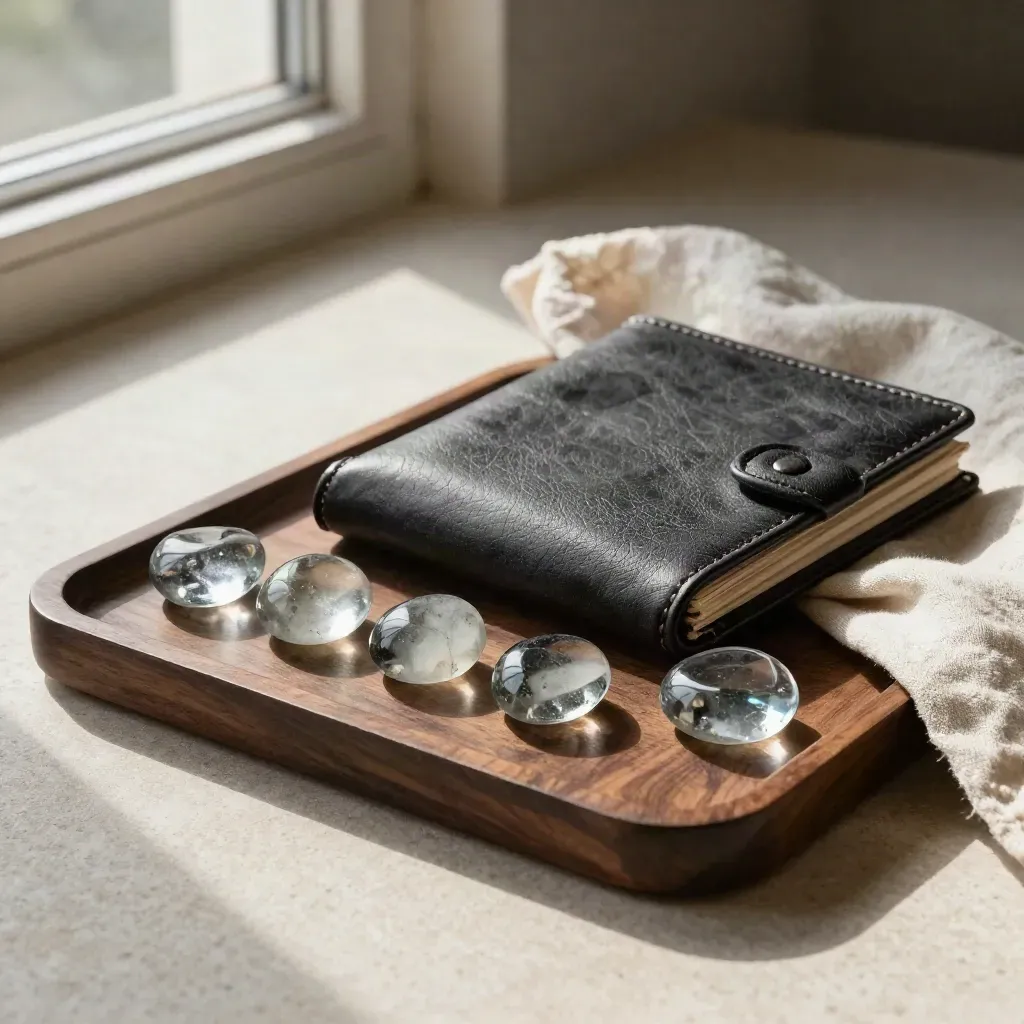 Results coaching still life with glass pebbles, portfolio and stone weight on walnut tray.