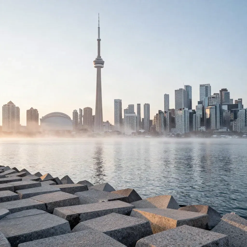 Toronto skyline and CN Tower rising above misty lake water at dawn.