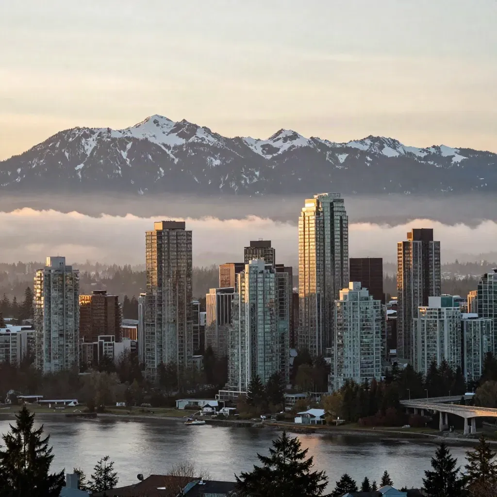 Vancouver skyline above a misty inlet with the Fraser Valley fading into haze