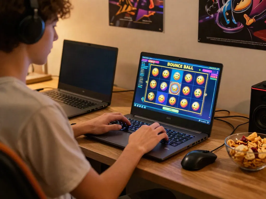 Player enjoying GGSOFT Bounce Ball Slot Game on a laptop in cozy gaming space.