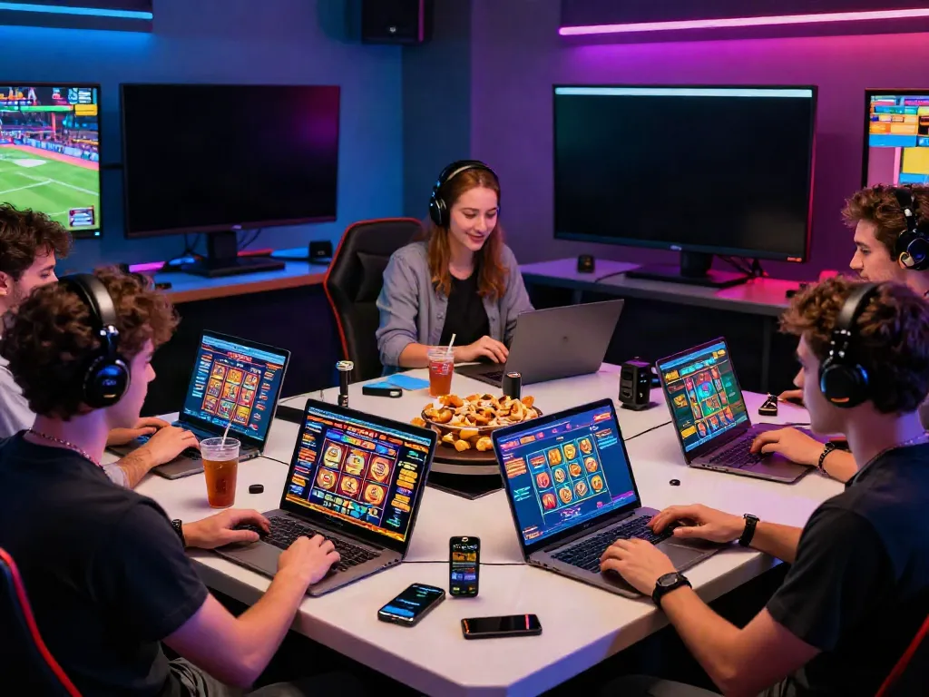 Engaging online gambling scene at https://uk88win.org/ featuring friends enjoying virtual games and sports events.