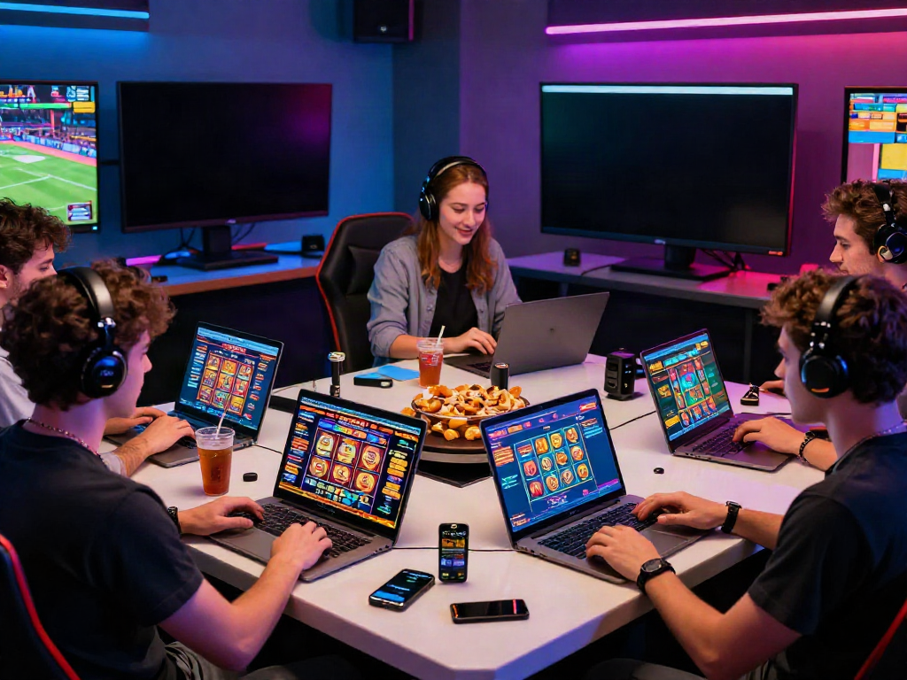 Engaging online gambling scene at https://uk88win.org/ featuring friends enjoying virtual games and sports events.