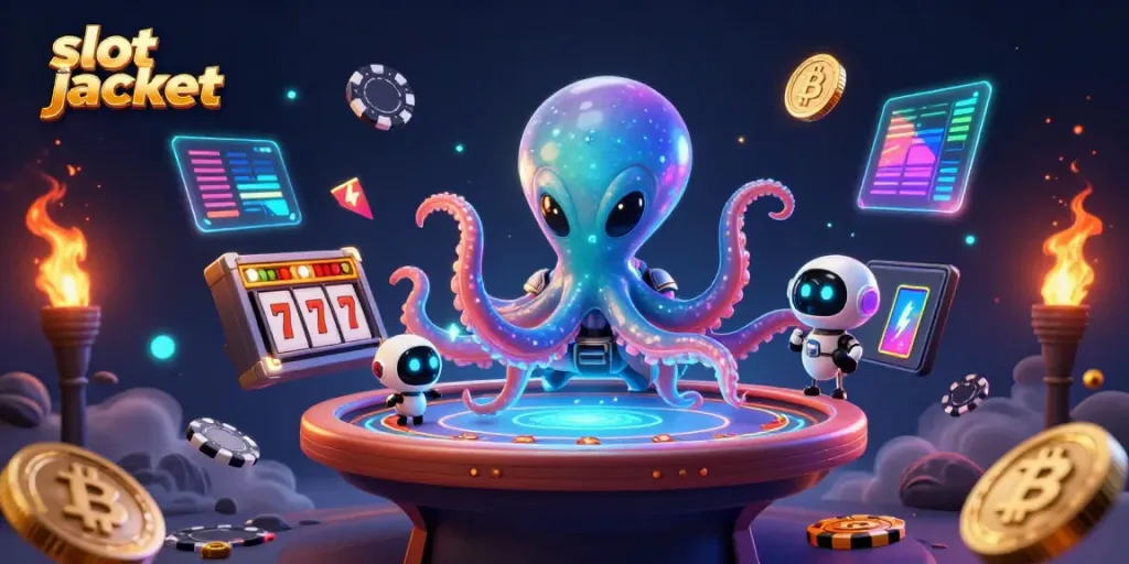 Experience the thrill of a slot jackpot with a cosmic alien octopus at a holographic poker table.