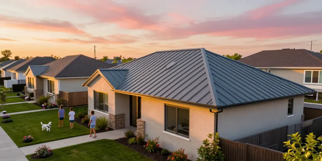 Beautiful home featuring a Residential Metal Roof installation, reflecting sunlight.
