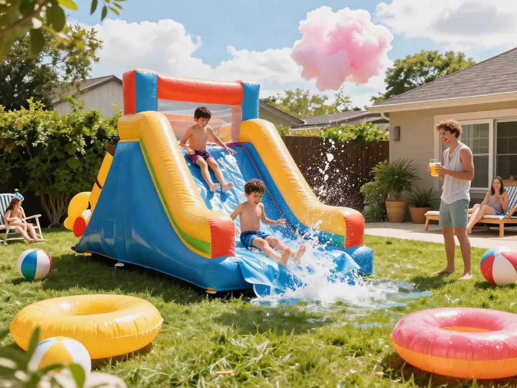 Children enjoying a water slide inflatable in a bright backyard setting, splashing water and joyful summer vibes.