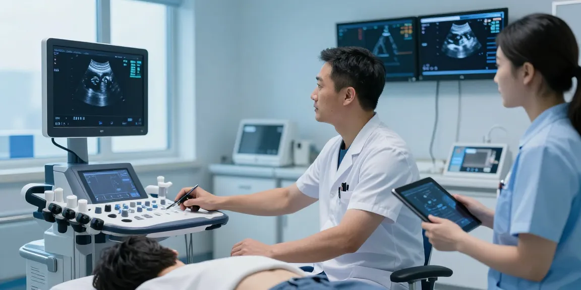 Buy ultrasound scanner: Healthcare professional performing ultrasound scan with modern machine and patient.