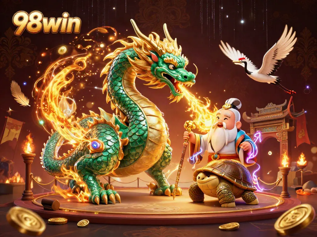 Engage with the exciting 98win gaming environment featuring a dragon and lucky elements.