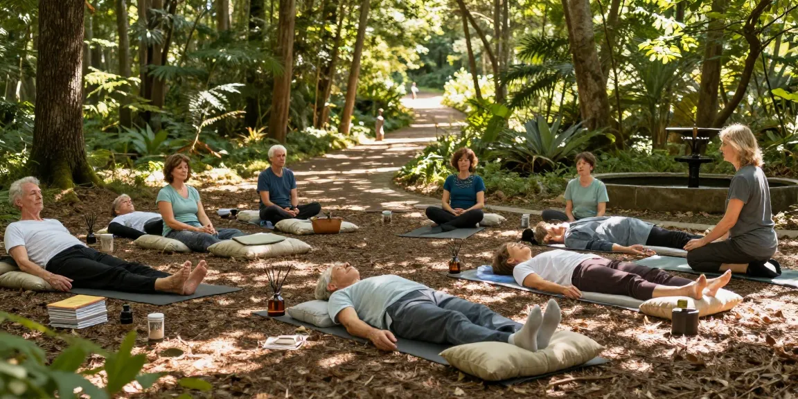 Veteran wellness services in a serene forest retreat with mindfulness exercises.