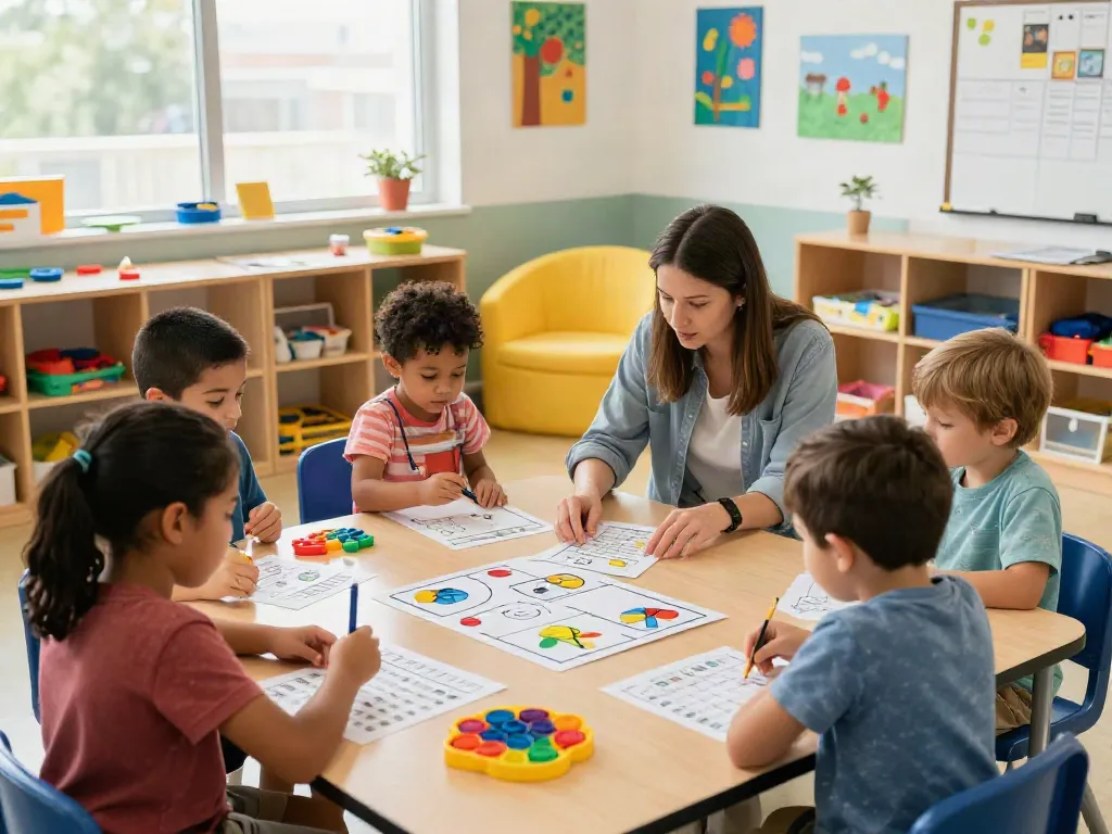Executive functioning support autism Burlington scene showing children engaged in activities that promote learning, collaboration, and skill development in a supportive classroom.