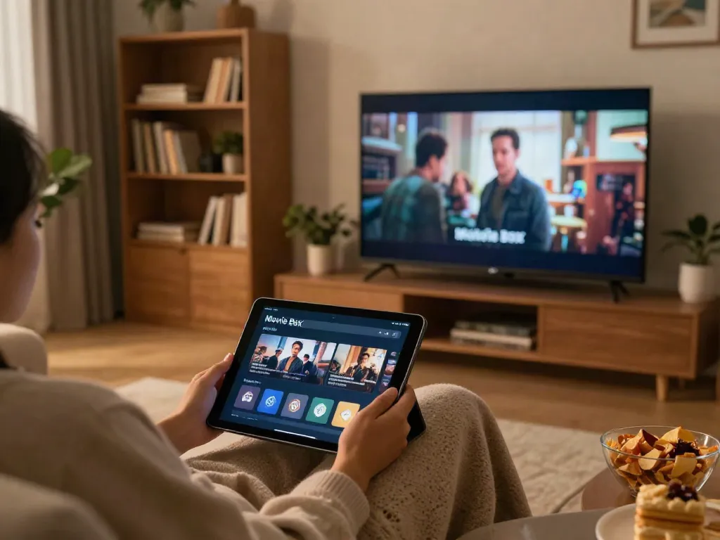 Enjoying the Movie Box app on movie night at home with movie selections.